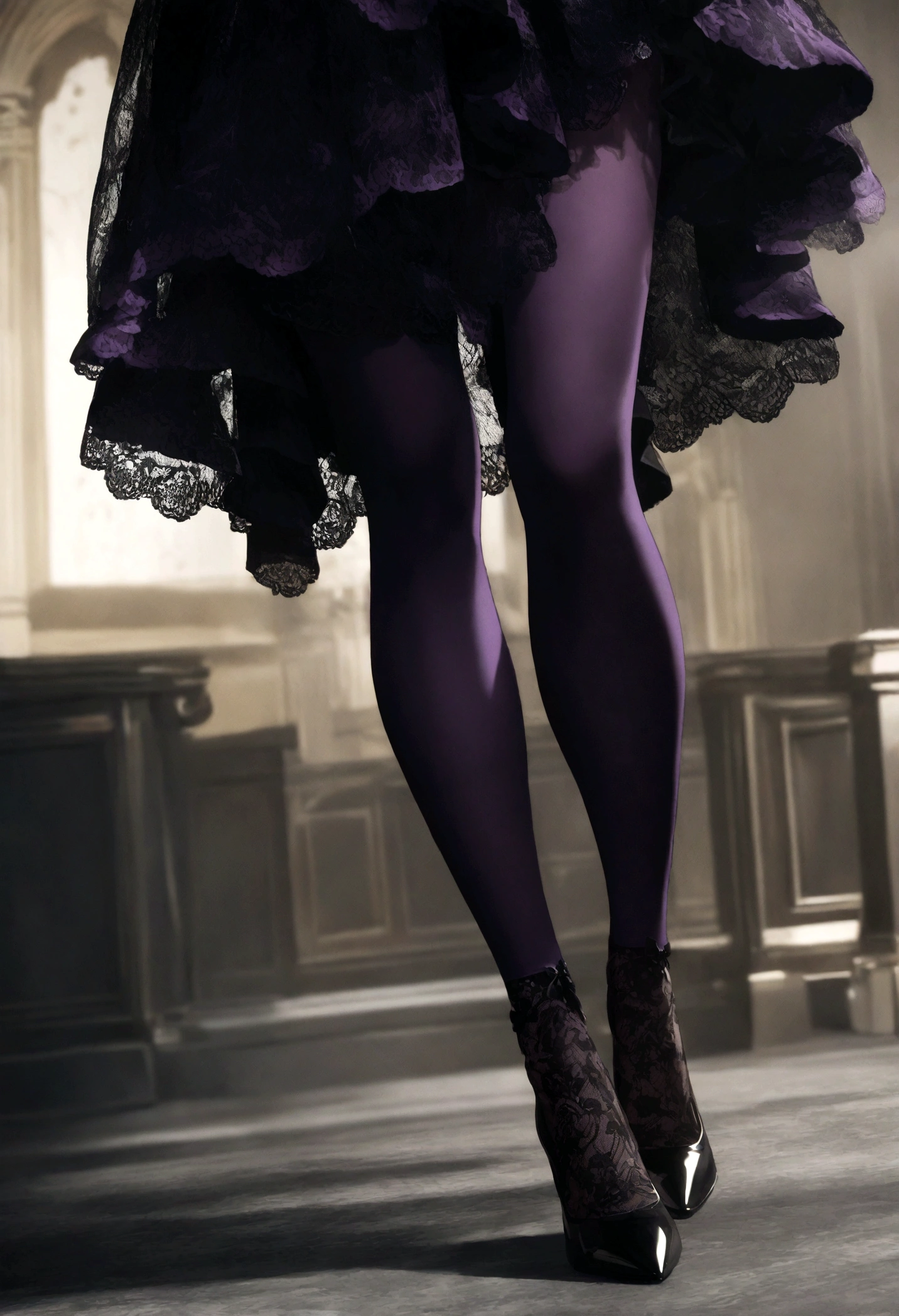 wearing black and purple stockings, high heels, lace