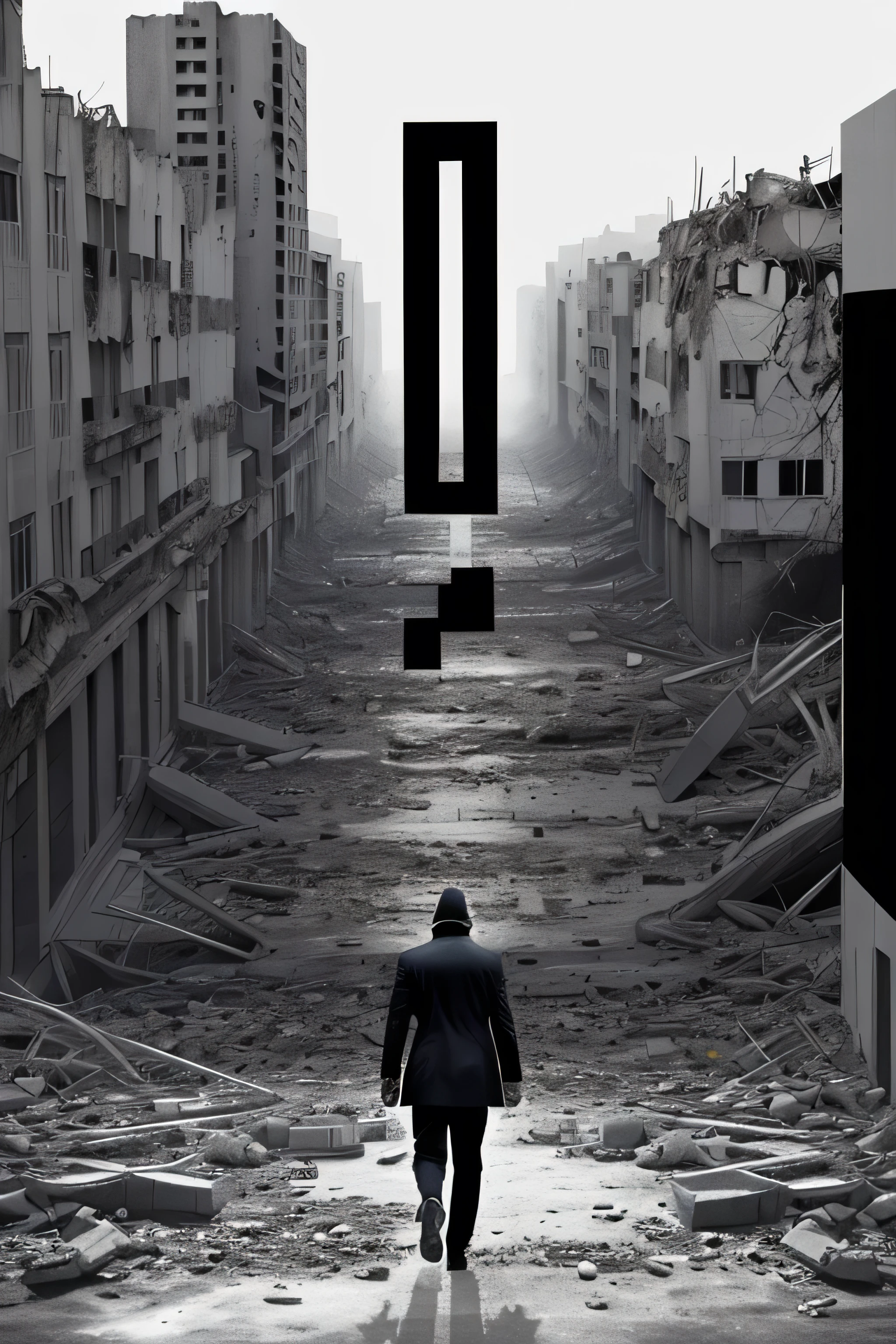 un primer plano de una persona caminando en un ciudad destruida, Grid montage of a person walking in a destroyed city,ilustracion blanco y negro al estilo de john baldessari