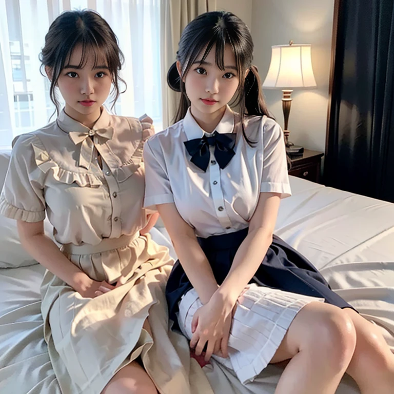 1girl, young japanese woman, 18 years old, very cute, gorgeous beauty, sleeping on bed in dimly lit hotel suite, light grin on face, shy innocent facade, seductive and irresistible, pale smooth complexion, fine detailed eyes, detailed face with dark brown eyes, short hair ponytail, long smooth legs, large round chest, white translucent shirt, bow tie, navy blue mini-skirt, white ankle socks, no panties, very neat silky smooth clothes, realistic lighting with bright highlights, backlight, face lights, cinematic, high-quality, photorealistic, bokeh background, reflective windows, night sky, wedding consummation