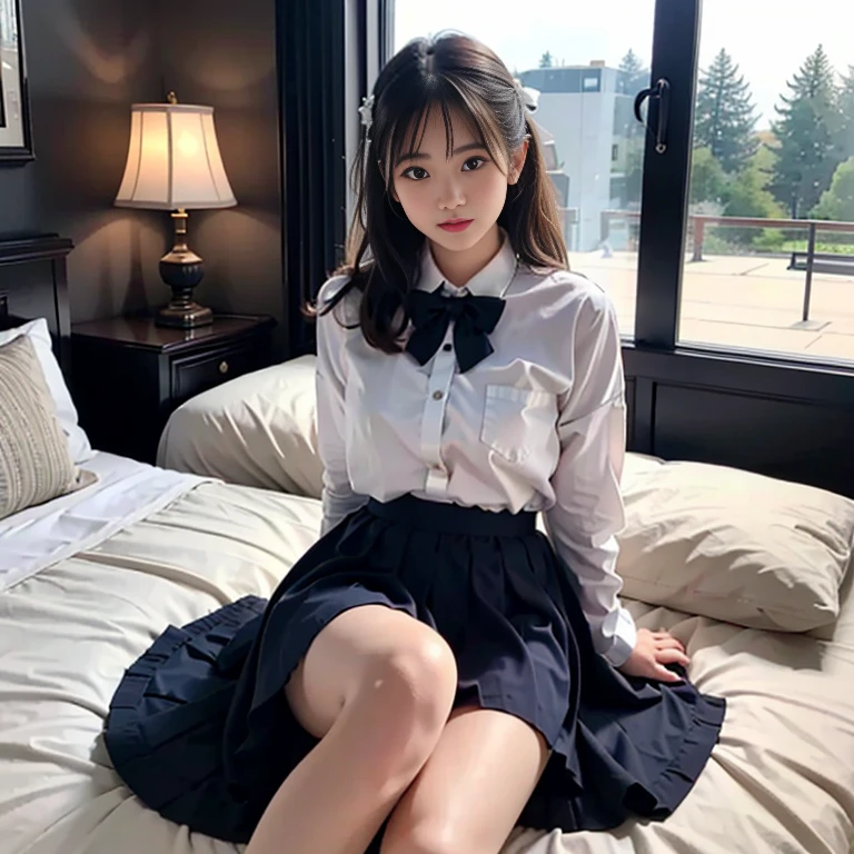 1girl, young japanese woman, 18 years old, very cute, gorgeous beauty, sleeping on bed in dimly lit hotel suite, light grin on face, shy innocent facade, seductive and irresistible, pale smooth complexion, fine detailed eyes, detailed face with dark brown eyes, short hair ponytail, long smooth legs, large round chest, white translucent shirt, bow tie, navy blue mini-skirt, white ankle socks, no panties, very neat silky smooth clothes, realistic lighting with bright highlights, backlight, face lights, cinematic, high-quality, photorealistic, bokeh background, reflective windows, night sky, wedding consummation
