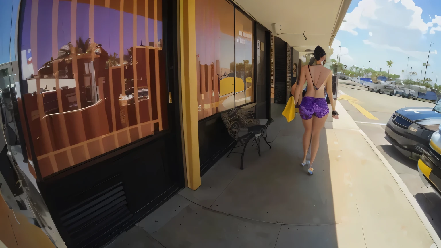 A woman with her back to the camera walks confidently down the sidewalk, in a colorful bikini and matching shorts holding a yellow towel in her right hand, walking away from the camera, filmed on gopro9, taken on go pro hero8, go pro film, gopro film, vacation photo, in a yellow bikini, wearing a family swimsuit, at the Hotel Rosen Inn, in Orlando, USA. Her hair is tied back and she has a purple bow on her head. The background shows an external environment with buildings and vegetation. The sidewalk is lined with palm trees, suggesting a warm climate. In the background, a building with balconies and a staircase that leads up to it. A beautiful woman with white skin (((white skin))), dark brown hair. She is around 40 years old, 165 cm tall and weighs 56 kg. Her body exudes glamor and her face is a definition of beauty. Slender body, thin waist. Highly realistic, hyperrealism, very elaborate skin. Clear photo, high resolution, high quality, masterpiece, 16K photo, high contrast, masterpiece, NUDE, NUDITY, NFSW.