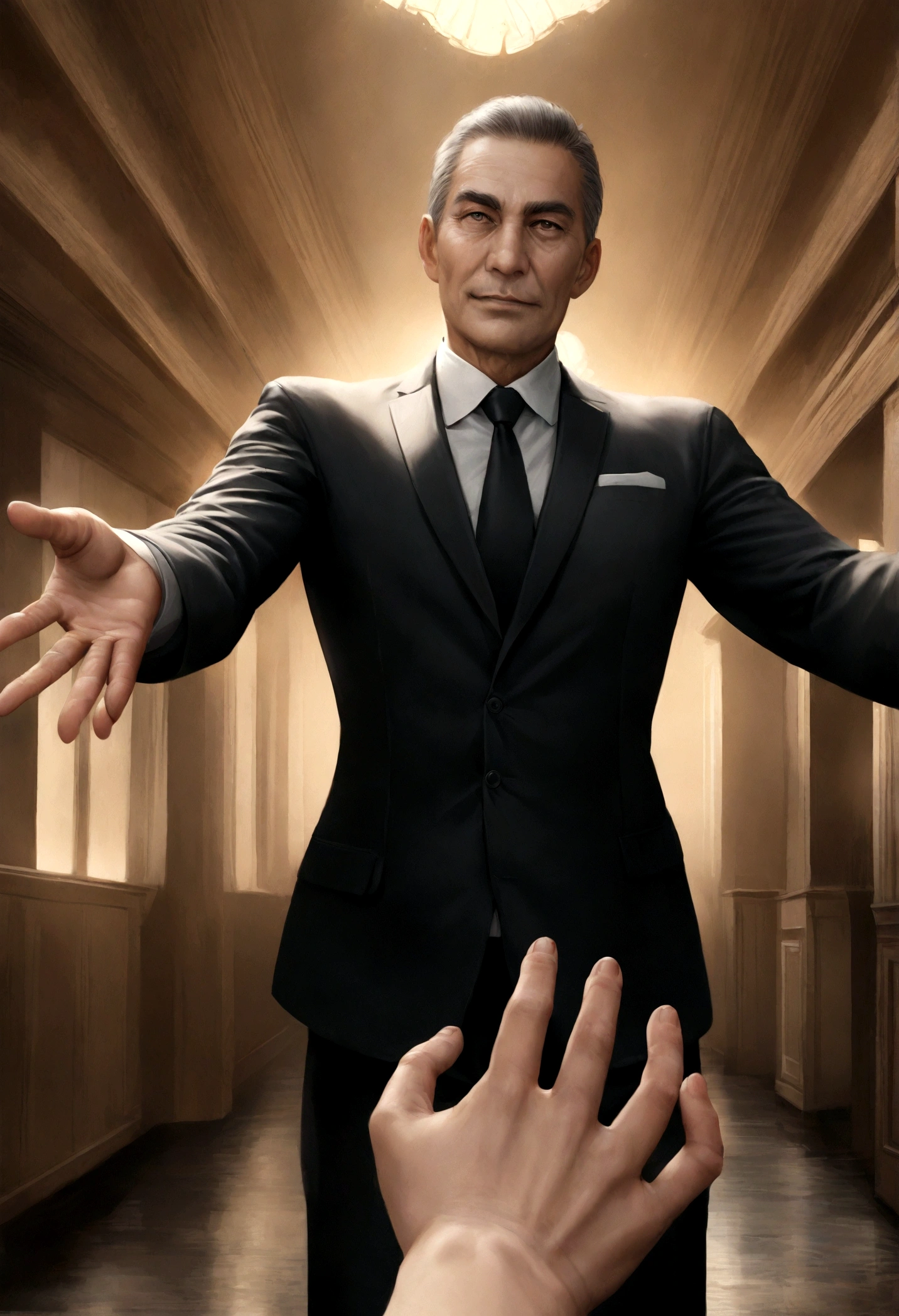 salesman wearing a black suit, reaching out for a handshake, front view, superrealistic rendering