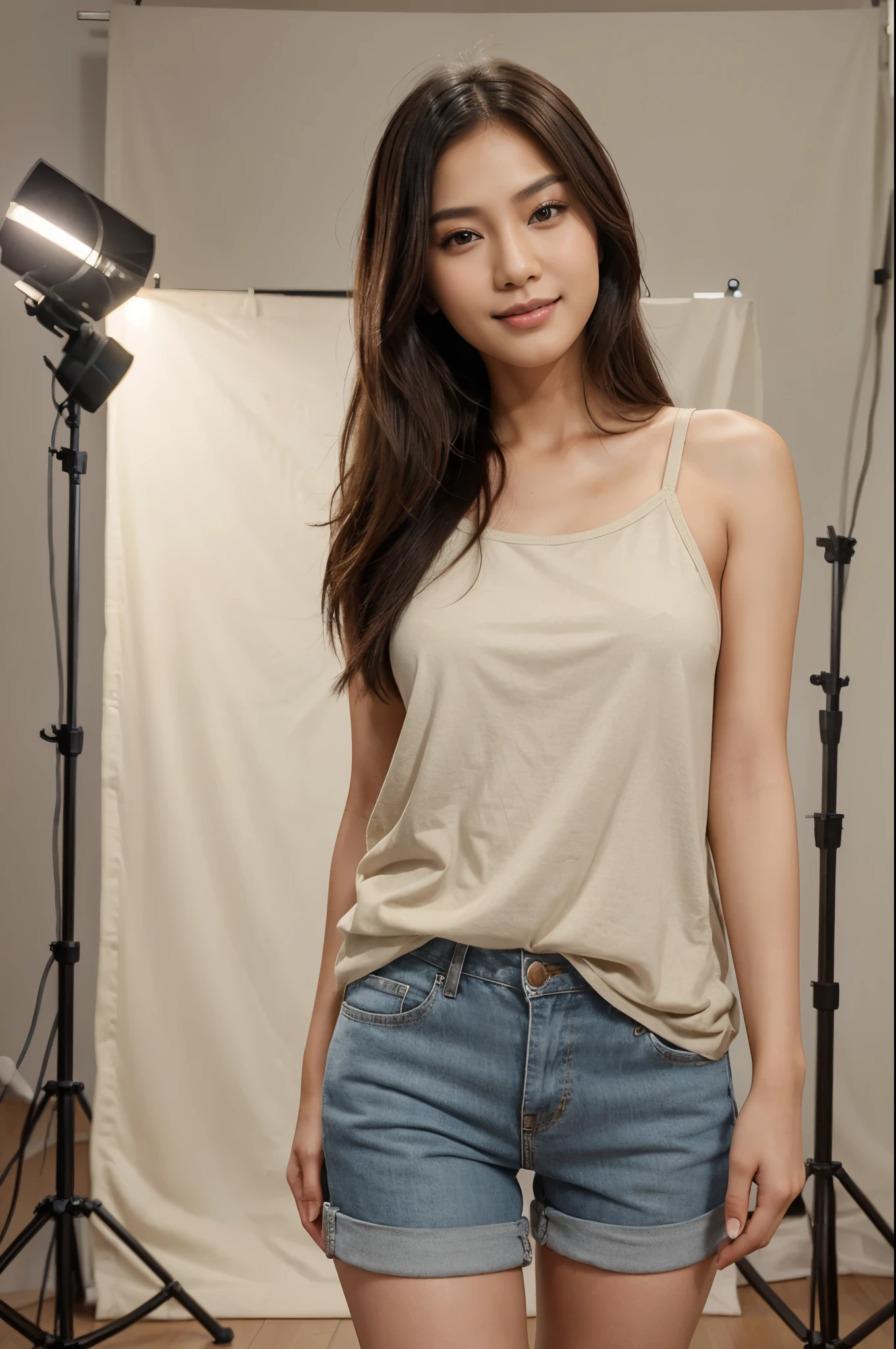 Asian model, medium length hair, natural makeup, wearing a stylish casual outfit. She is in a photo studio, smiling and posing for photos in a very professional manner. The background includes studio lighting and photography equipment, creating a polished and professional atmosphere.