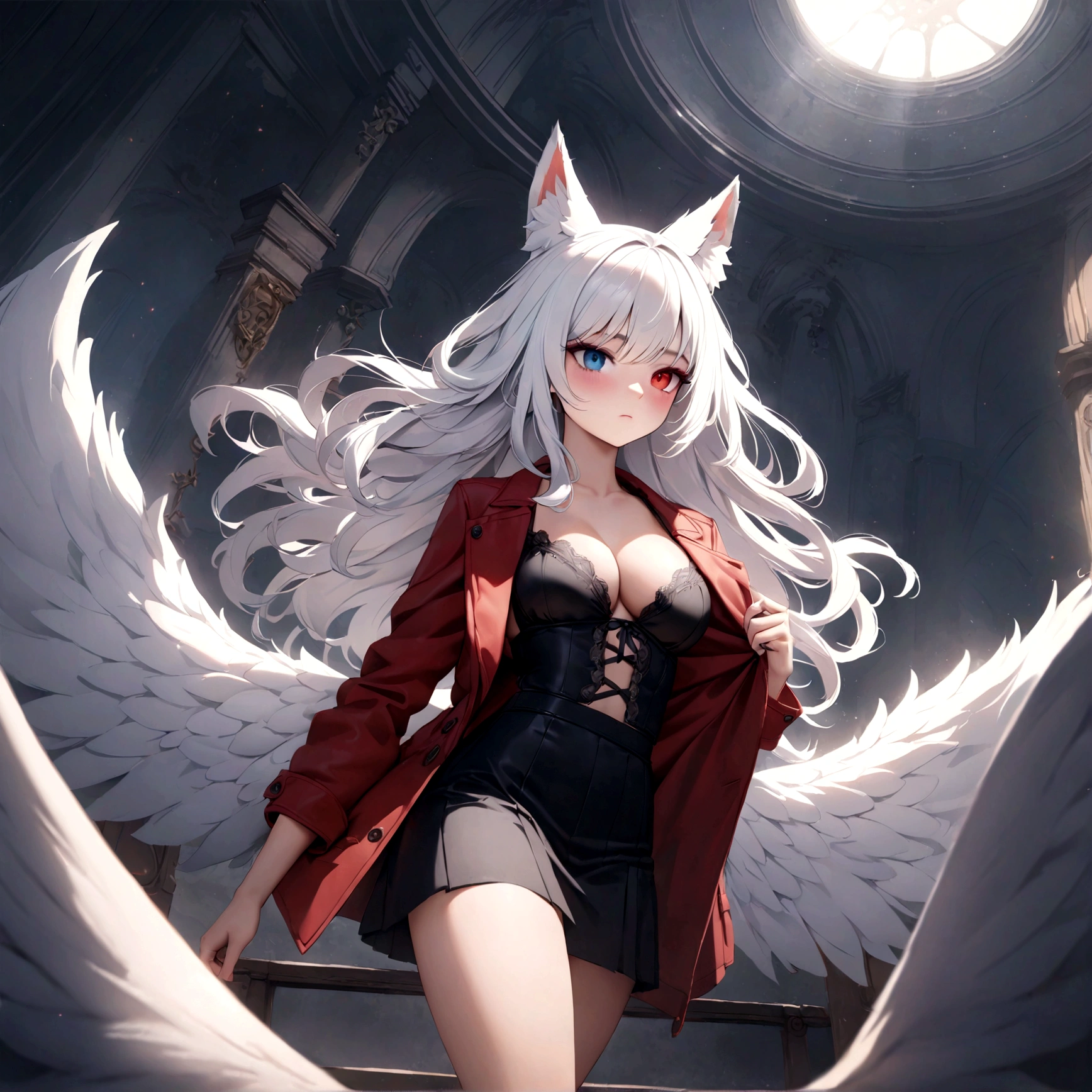 A beautiful detailed white-haired fox woman wearing a red trenchcoat, black bustier, and black skirt, and angel wings, hyper-realistic, 8k, cinematic lighting, dramatic atmosphere, rich colors, intricate details, masterpiece, has heterochromia