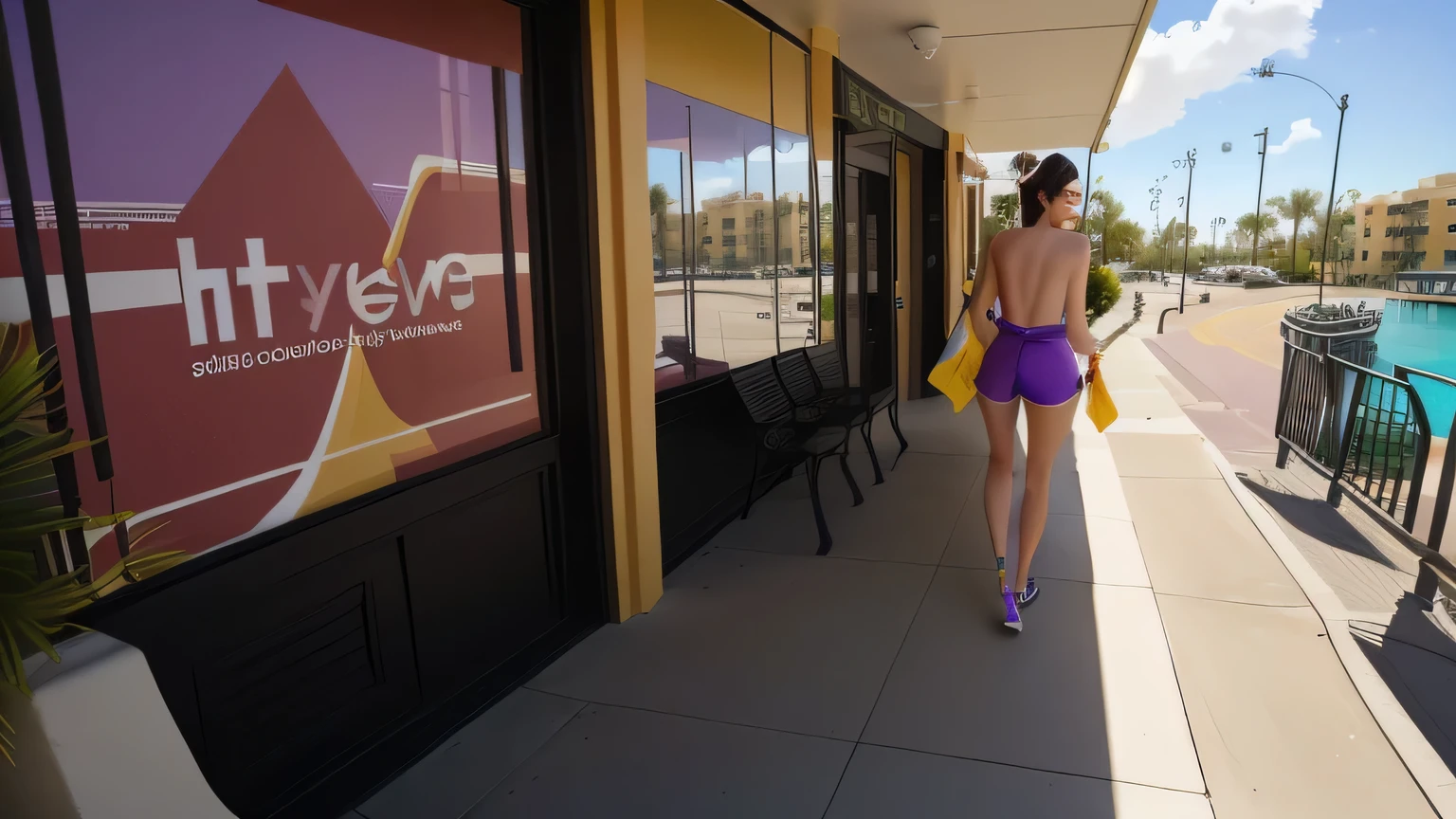 A woman with her back to the camera walks confidently down the sidewalk, in a colorful bikini and matching shorts holding a yellow towel in her right hand, walking away from the camera, filmed on gopro9, taken on go pro hero8, go pro film, gopro film, vacation photo, in a yellow bikini, wearing a family swimsuit, at the Hotel Rosen Inn, in Orlando, USA. Her hair is tied back and she has a purple bow on her head. The background shows an external environment with buildings and vegetation. The sidewalk is lined with palm trees, suggesting a warm climate. In the background, a building with balconies and a staircase that leads up to it. A beautiful woman with white skin (((white skin))), dark brown hair. She is around 40 years old, 165 cm tall and weighs 56 kg. Her body exudes glamor and her face is a definition of beauty. Slender body, thin waist. Highly realistic, hyperrealism, very elaborate skin. Clear photo, high resolution, high quality, masterpiece, 16K photo, high contrast, masterpiece, NUDE, NUDITY, NFSW.