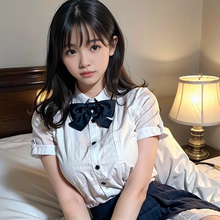 Arab asian woman sitting on bed in blue shirt and skirt, a hyperreal high school girl, hyperreal high school girl, Real young gravure idol, sakimichan, soft portrait shot 8k, Photographed with Canon EOS R6, Photographed with Canon 5D MK4, anime. soft lighting, real high school girl