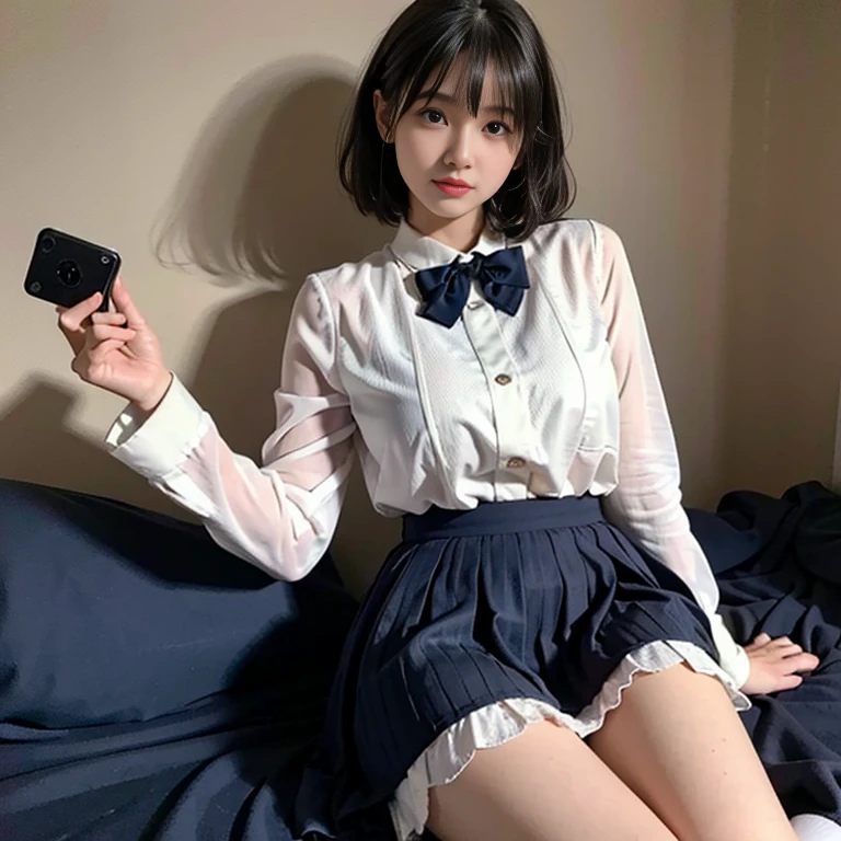 8K quality,(Photoreal: 1.4), (Hyperrealistic: 1.4), (Realistic: 1.3), (Smooth lighting: 1.05), (Improved Cinematic Lighting: 0.9), 32K, (In a dimly lit room)(The entire character is in the middle of the screen),light grin,(1 Japanese woman), Age 18 years old,Realistic lighting, Backlight, Face Lights, Ray traching, (Bright light: 1.2), (Quality improvement: 1.4), ( Top quality realistic texture skin: 1.4), Fine Detailed Eyes, Detailed face, Fine quality eye, Dark brown eyes, Feeling a little shy,Feel optimistic and sunny(Medium to large round chest),(Tired, Sleepy and Satisfied: 0.0), Pale light, White translucent blouse, Bow tie, Navy blue skirt, Silk white ankle socks,(did not wear panties),The edges roll up and wear out, Sleeping quietly on the bed, large round breasts, short hair