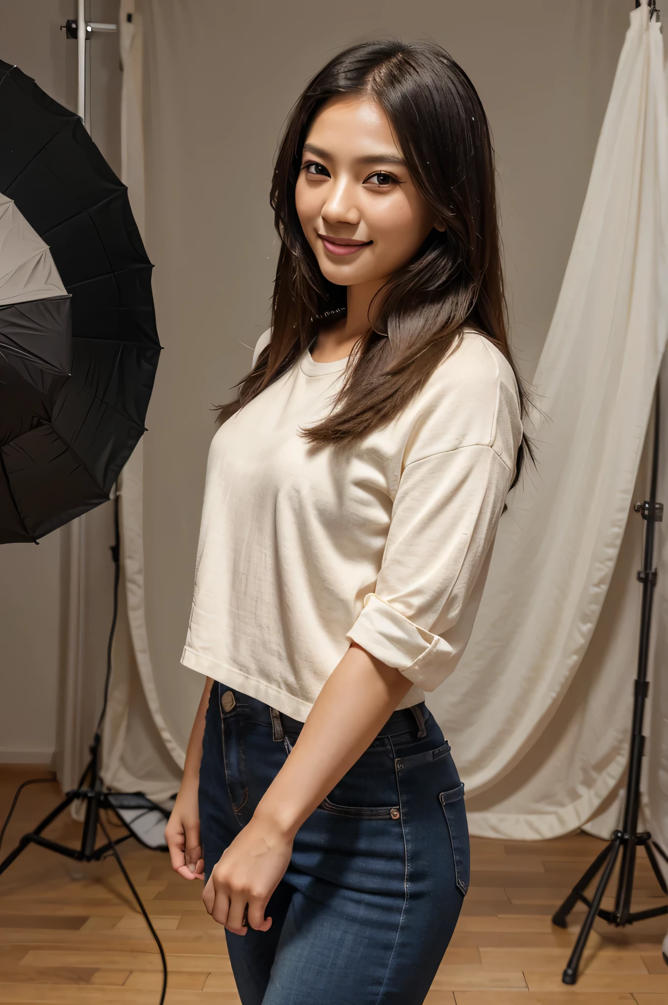 Asian model, medium length hair, natural makeup, wearing a stylish casual outfit. She is in a photo studio, smiling and posing for photos in a very professional manner. The background includes studio lighting and photography equipment, creating a polished and professional atmosphere.