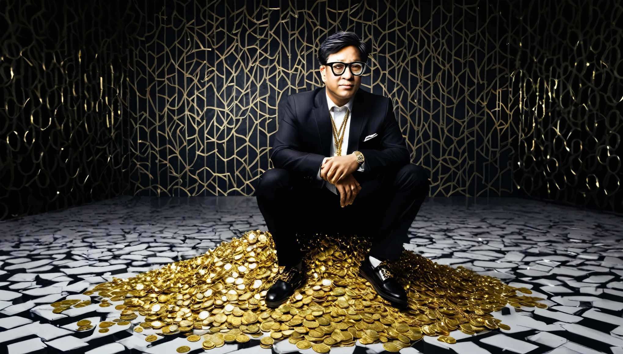 I want a sculpture of phiGhost as Producer Laptop fl Studiolosophers with a black and white background. The picture should focus on the philosphers holding money or in a meeting and showing wealth. It should be a full-body sculpture with walls or buildings in the back ground. Hyper realistic wearing the gold chain glasses several gold coin scattered on the floor Best for creating fairy horse style and sharp lines.