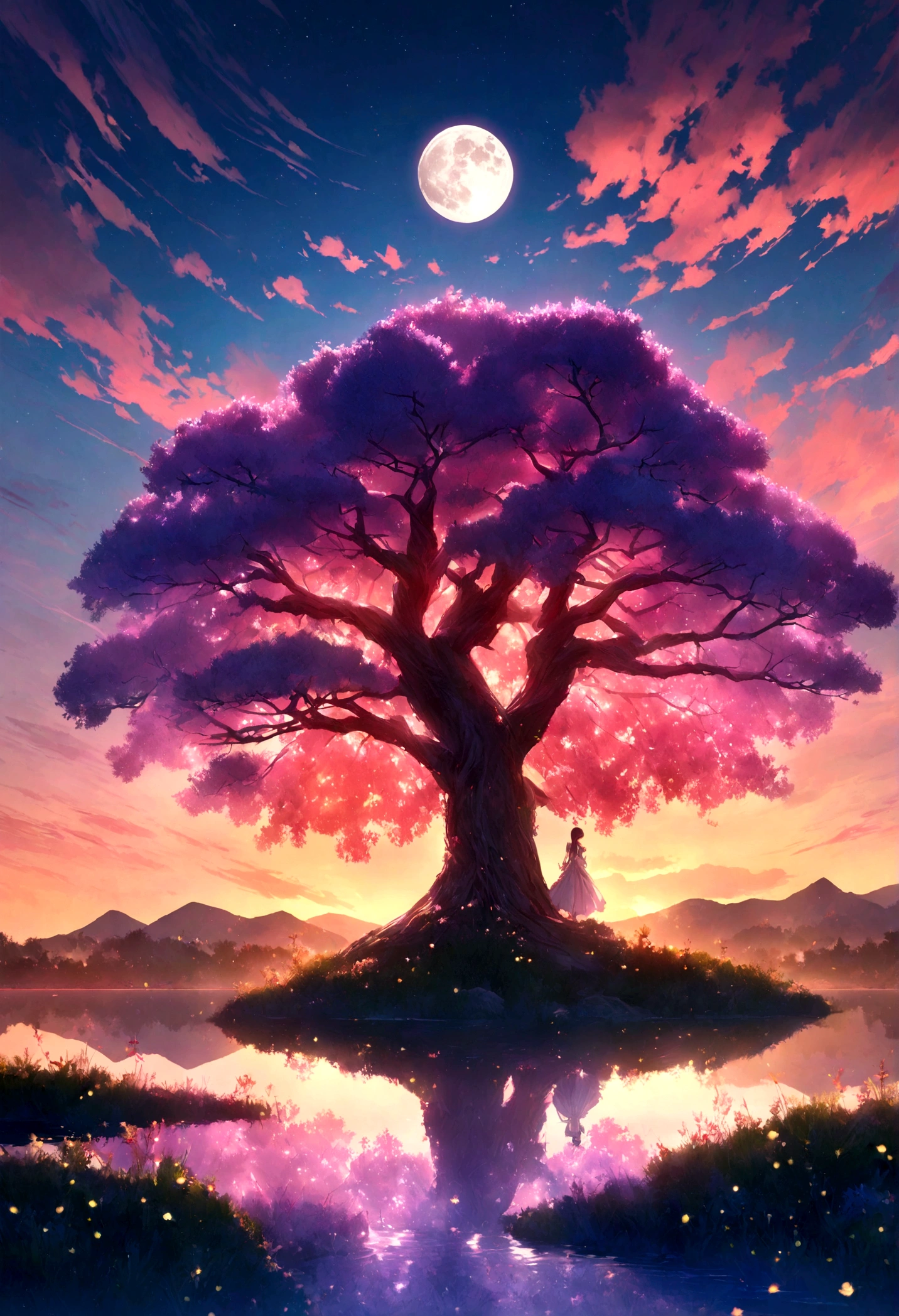 A captivating 3D rendering of a mystical cherry tree dominating a twilight meadow. The tree is adorned with transitions from deep red to soft pink, radiant orange and bluish purple, echoing the stunning colors of the sunset sky. The tree emits a magical glow, with shimmering finishes that seem to contain an inner light. Surrounding the tree is a serene cliff bathed in twilight, with rolling hills and a blue lake reflecting the vibrant sky. Fireflies gracefully dance around the tree, adding to the enchanting atmosphere. The moon reflecting on the tree and the lake. This delicate balance of light and dark creates a mesmerizing scene, evoking the beauty and mystery of a dark fantasy landscape.