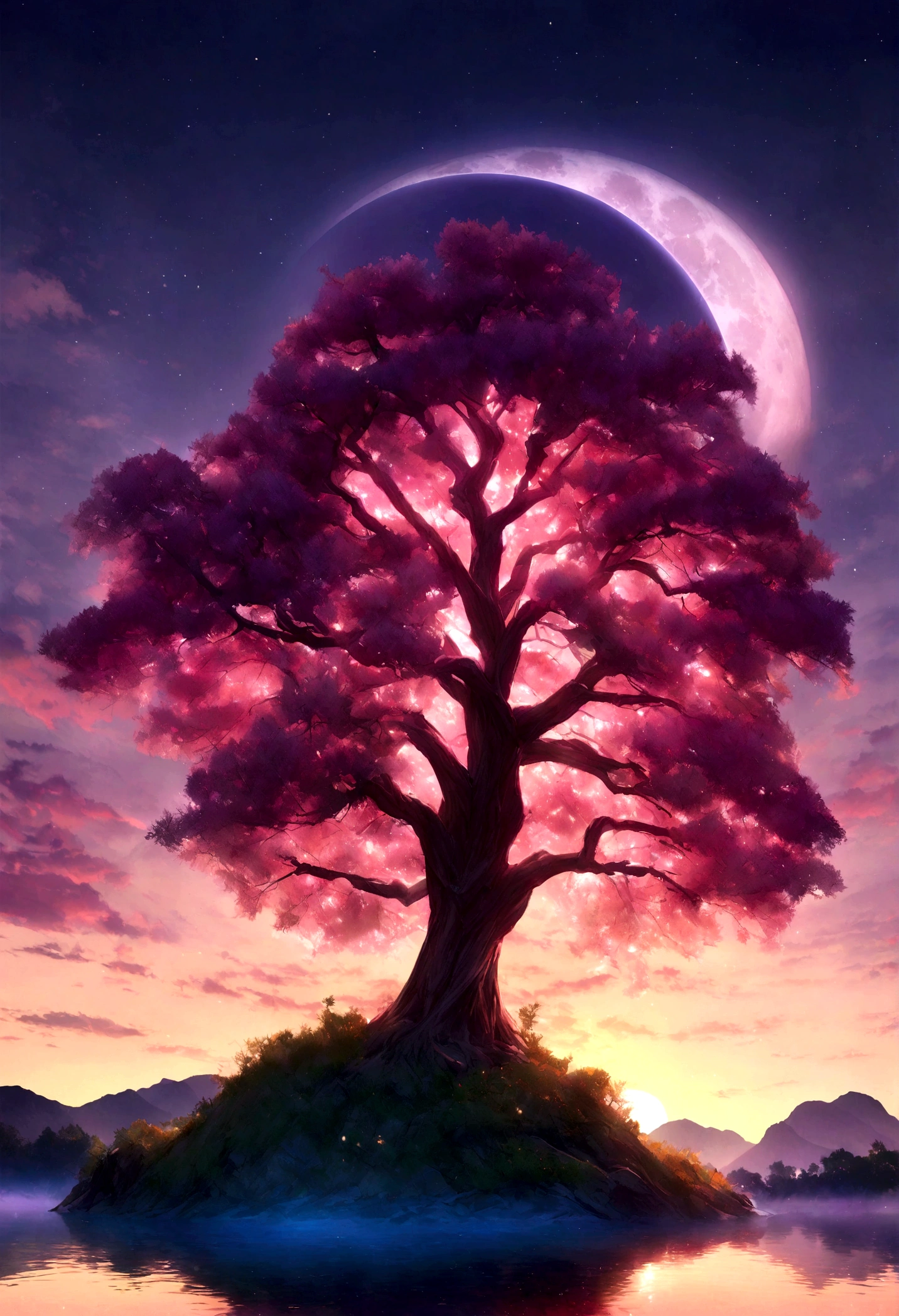 A captivating 3D rendering of a mystical cherry tree dominating a twilight meadow. The tree is adorned with transitions from deep red to soft pink, radiant orange and bluish purple, echoing the stunning colors of the sunset sky. The tree emits a magical glow, with shimmering finishes that seem to contain an inner light. Surrounding the tree is a serene cliff bathed in twilight, with rolling hills and a blue lake reflecting the vibrant sky. Fireflies gracefully dance around the tree, adding to the enchanting atmosphere. The moon reflecting on the tree and the lake. This delicate balance of light and dark creates a mesmerizing scene, evoking the beauty and mystery of a dark fantasy landscape.
