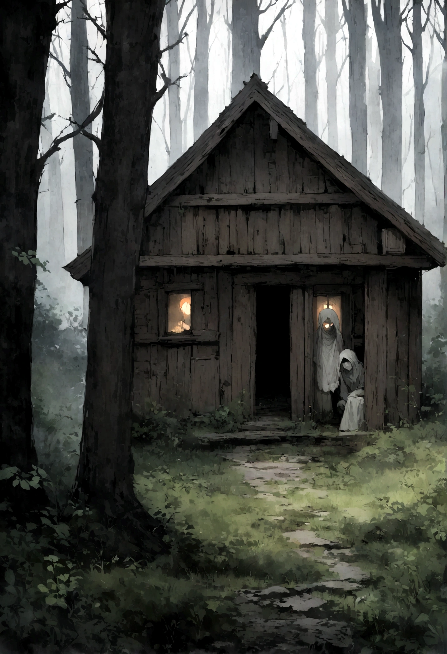 Alone in a cabin house in the middle of the forest, haunted, scary, lonely, stalker in the forest, misty, hidden away