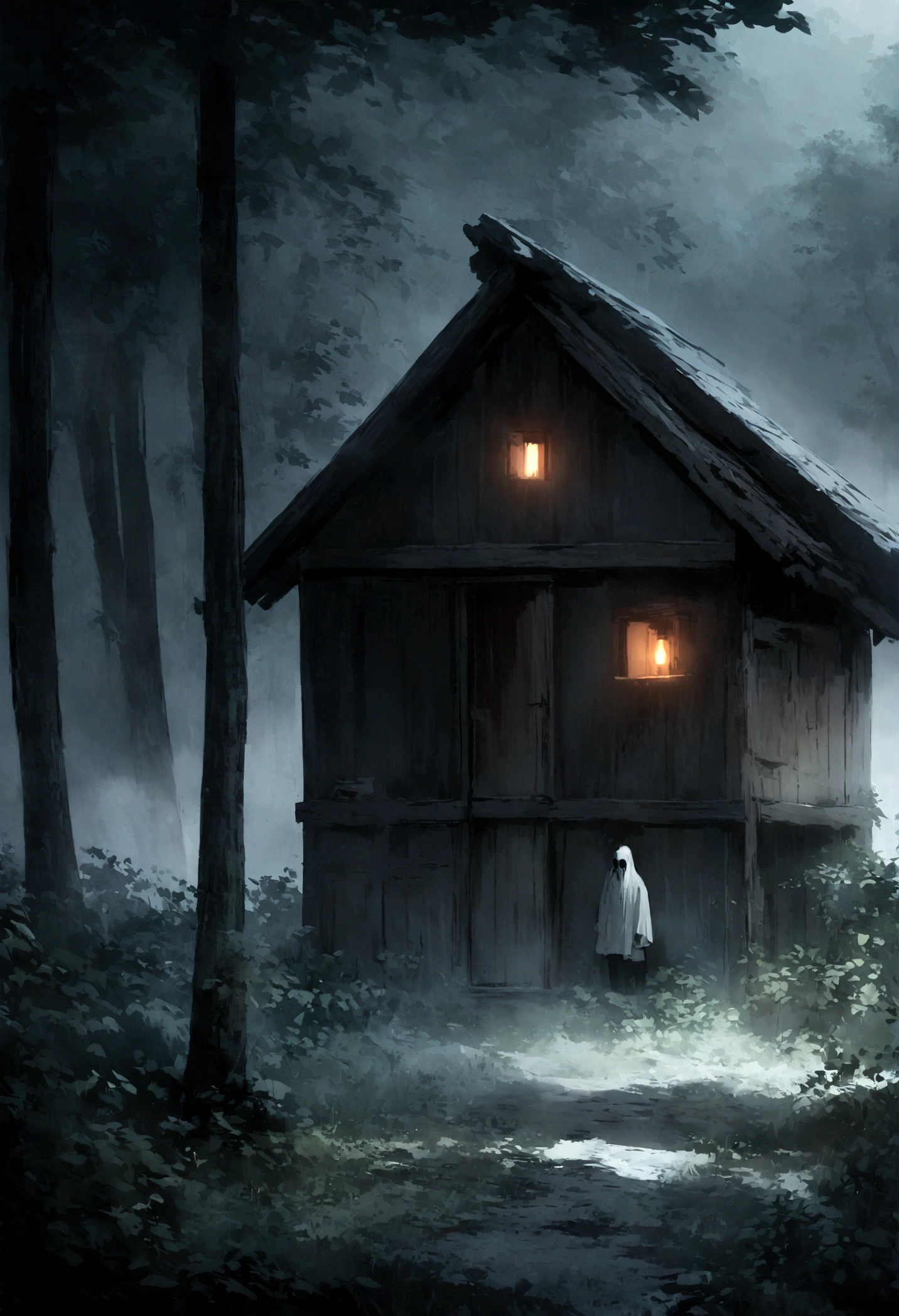 Alone in a cabin house in the middle of the forest, haunted, scary, lonely, stalker in the forest, misty, hidden away