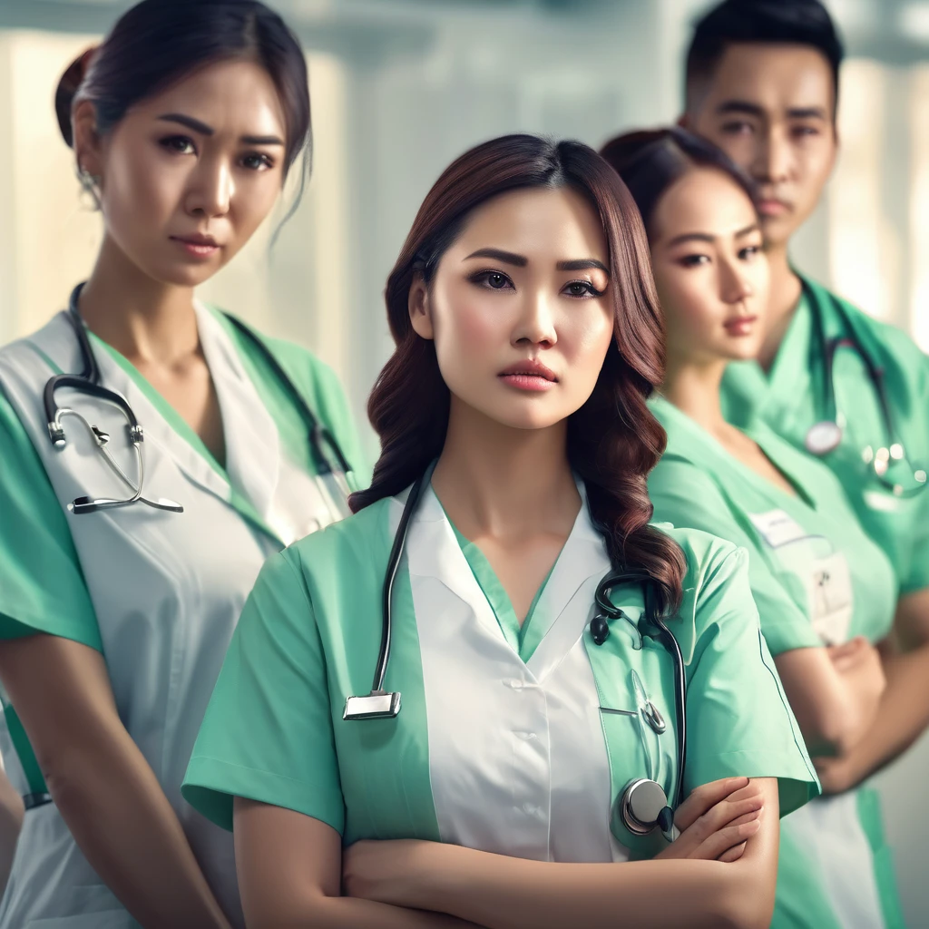 a group of beautiful detailed young malaysian nurses in sexy nurse uniforms, worried expression, gathering around patient, [extremely detailed], (best quality,4k,8k,highres,masterpiece:1.2),ultra-detailed,(realistic,photorealistic,photo-realistic:1.37),HDR,UHD,studio lighting,ultra-fine painting,sharp focus,physically-based rendering,extreme detail description,professional,vivid colors,bokeh,medical,hospital,worried,compassionate,dynamic pose,dramatic lighting