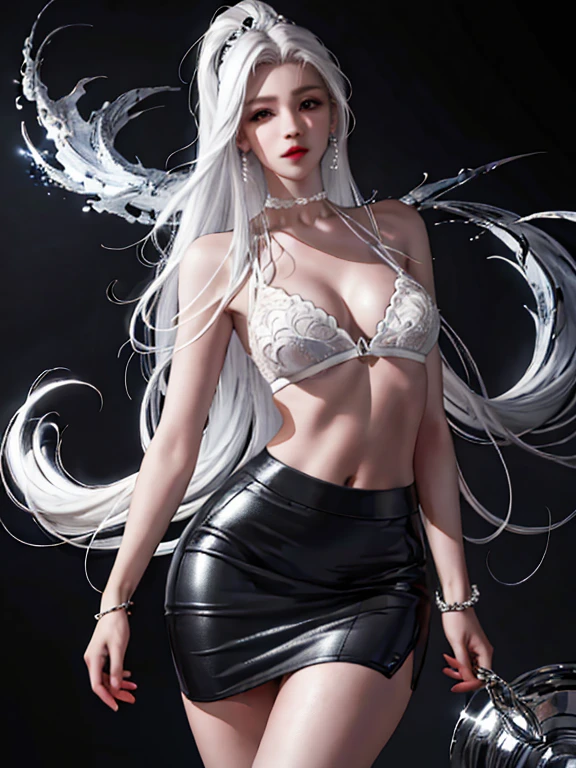 Fotorrealista, high resolution, luzes suaves, 1 mulheres, Sozinho, Quadris para cima, olhos azuis, cabelo branco, cabelo longo, Close your lips, camisa de colarinho, gravata preta,Saia preta, pencil skirt, casaco de pele, meias