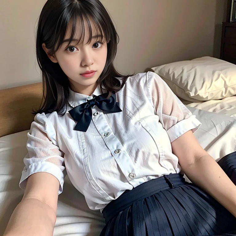 8K quality,(Photoreal: 1.4), (Hyperrealistic: 1.4), (Realistic: 1.3), (Smooth lighting: 1.05), (Improved Cinematic Lighting: 0.9), 32K, (In a dimly lit room)(The entire character is in the middle of the screen),light grin,(1 Japanese woman), Age 18 years old,Realistic lighting, Backlight, Face Lights, Ray traching, (Bright light: 1.2), (Quality improvement: 1.4), ( Top quality realistic texture skin: 1.4), Fine Detailed Eyes, Detailed face, Fine quality eye, Dark brown eyes, Feeling a little shy,Feel optimistic and sunny( large round chest),(Tired, Sleepy and Satisfied: 0.0), Pale light, White translucent blouse, Bow tie, Navy blue skirt, Silk white ankle socks,(did not wear panties),The edges roll up and wear out, Sleeping quietly, lying down on the bed, large round breasts, short hair , hour glass figure, vital statistics 34-25-33