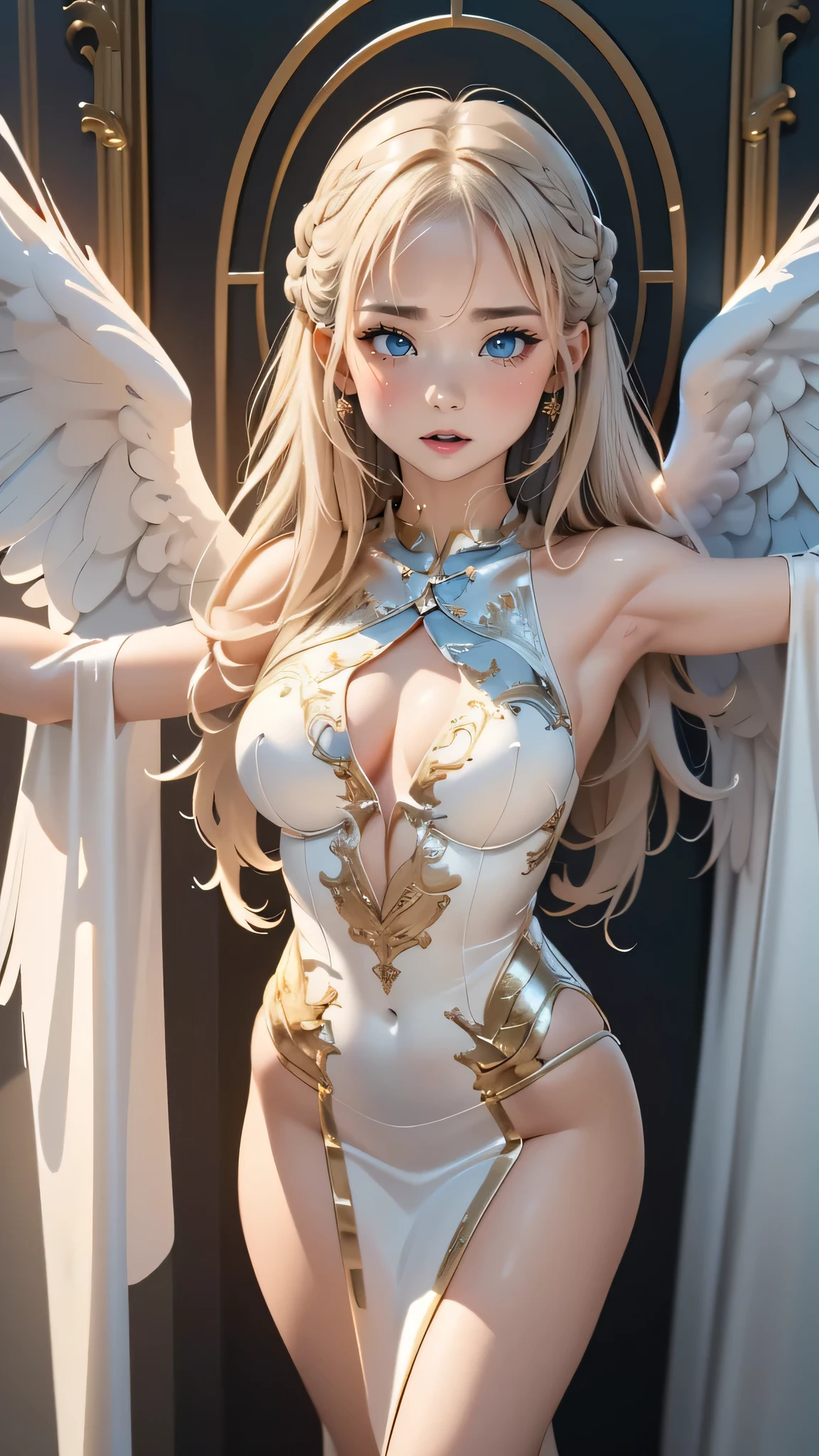 full body,from below,angel armor,(Spread your arms and fly down from the sky:1.5),(random hairstyle),(Highest image quality,(8k),ultra-realistic,best quality, high quality, high definition, high quality texture,high detail,beautiful detailed,fine detailed,extremely detailed cg,detailed texture,a realistic representation of the face,masterpiece,Sense of presence)