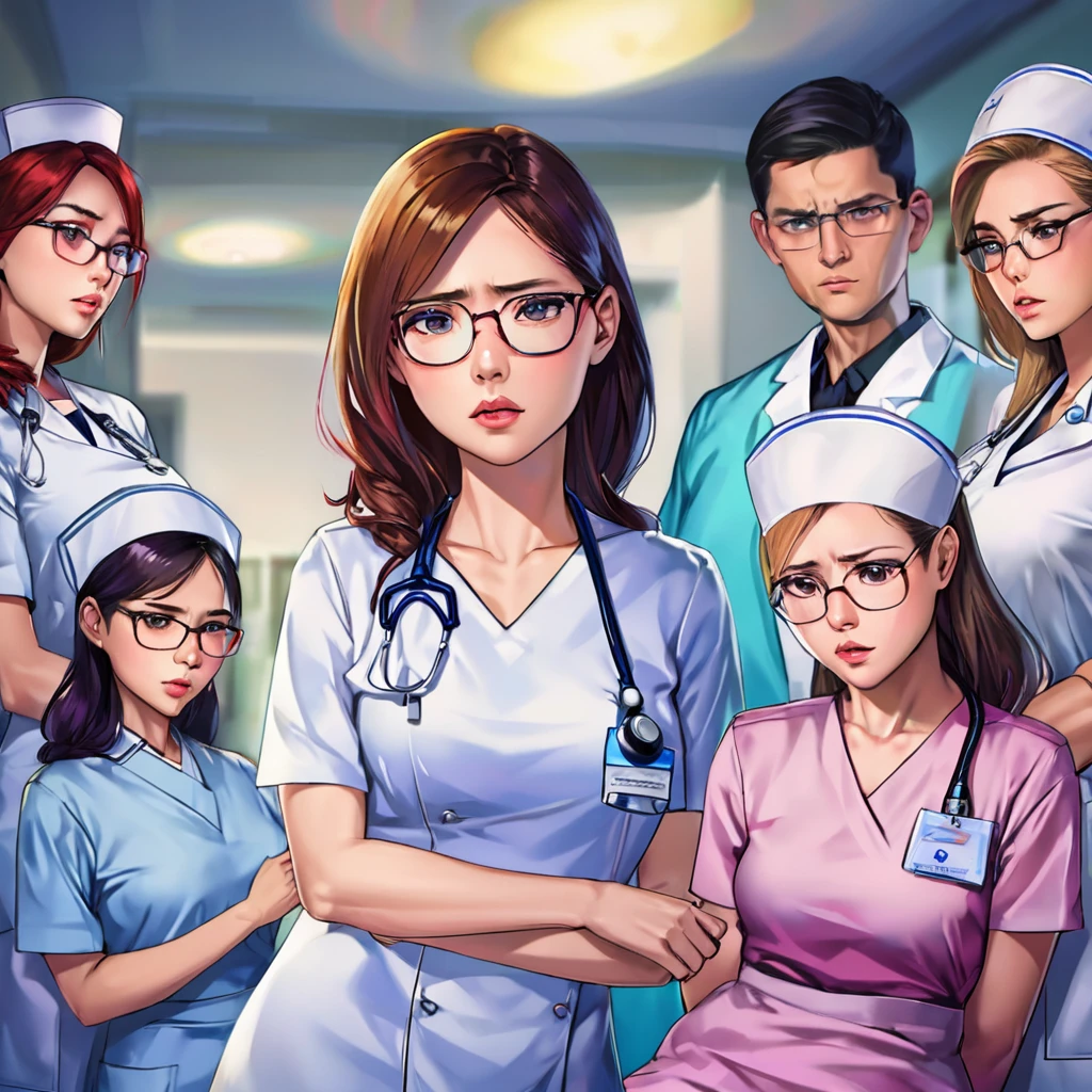 2 women subjects, a topless 20 year old woman patient with ((engorged breasts)) having her bust measured, lifted breasts, skin indentation, grabbing very large engoreged breasts, fat blonde older nurse with glasses staring at patients breasts, embarrassed patient with red hair and blonde highlights, in the style of Norman Rockwood, highly realistic oil painting, good anatomy, good arms, realistic arms and torso, detailed clinic background, (Safe for work:1.5)