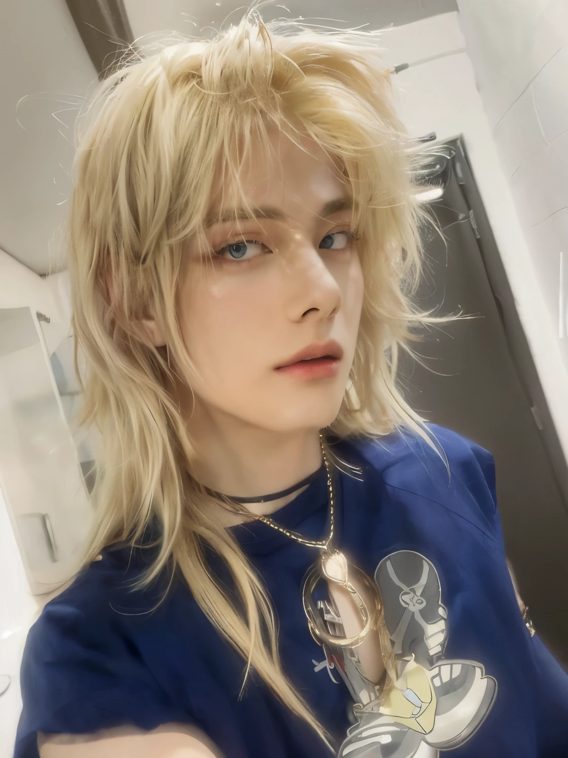 blond haired man with a blue shirt and a necklace with a cartoon character, glam metal hair, bleached, taken in the early 2020s, shag hair, blonde shaggy hair, extremely pale blond hair, punk hairstyle, profile image, curtain bangs, messy blond hair, he looks like a mix of grimes, very very pale blond hair, taehyung from bts