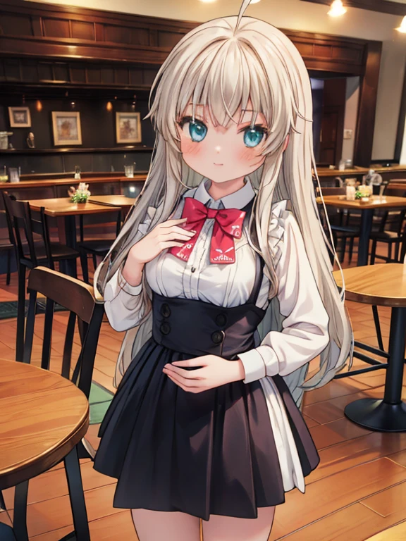 masterpiece, highest quality, Very detailed, 16k, Ultra-high resolution, Cowboy Shot, Detailed face, Perfect Fingers, 18-year-old female,  Inside the restaurant, Waitress costumes, table, Chair, Carry dishes, nyaruko