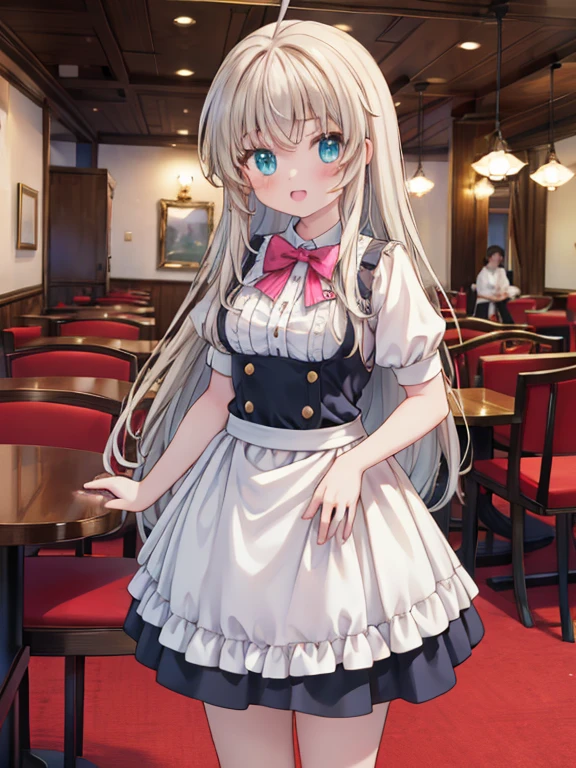 masterpiece, highest quality, Very detailed, 16k, Ultra-high resolution, Cowboy Shot, Detailed face, Perfect Fingers, 18-year-old female,  Inside the restaurant, Waitress costumes, table, Chair, Carry dishes, nyaruko