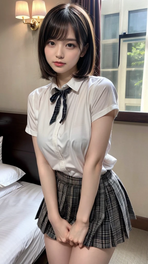 masterpiece, best quality, illustration, Super detailed, fine details, High resolution, 8K,wall paper, perfect dynamic composition,(Details High quality, realistic depiction of eyes:1.3), standing, (collared shirt:1.1), pleated skirt, short bob hair、black hair color, Big Natural Color Lip, bold sexy pose, crying a little、Harajuku style、acrobatic pose, 20 year old girl、cute type、lolita、beautiful legs, hotel room, gravure idol, Voluptuous thighs, huge breasts, Don't expose it