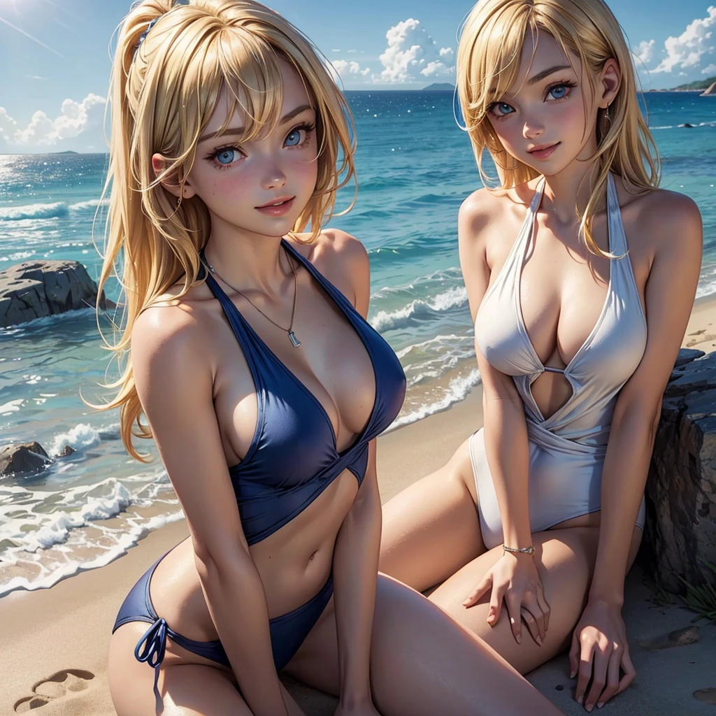 (masterpiece), (best quality), (detailed), light layer, 1solo girl, young girl, perfect body, blonde hair, defined chest, defined collarbone, ultra realistic, photorealistic, detailed, ,Enhance, wearing a blue v- neck halter swimsuit, beach lighthouse background morning, smiling, sitting on the beach