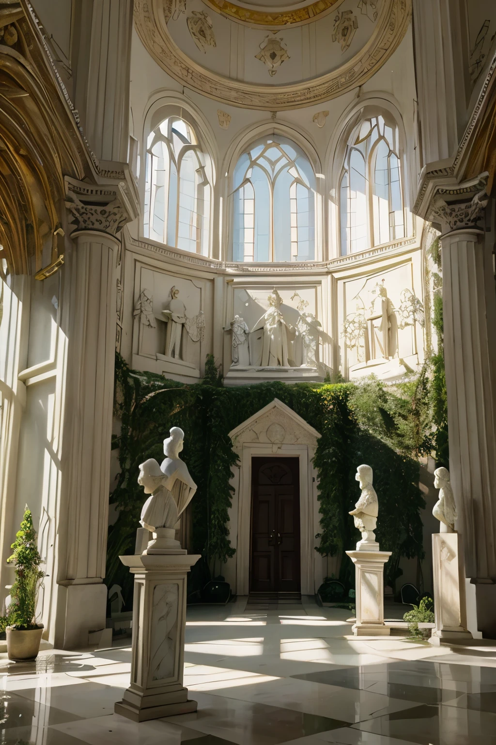 snow-white palace from the inside, many sculptures scattered everywhere, tree growing inside the room, paintings, Creepers, plants, masterpiece, Beautiful lighting, fantasy world, High quality, statues лежат везде! many paintings and statues, statues, plants, semi realism, 