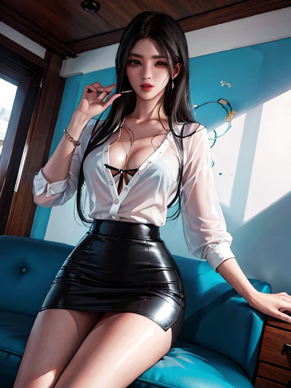 Fotorrealista, high resolution, luzes suaves, 1 mulheres, Sozinho, Quadris para cima, olhos azuis, cabelo branco, cabelo longo, Close your lips, camisa de colarinho, gravata preta,Saia preta, pencil skirt, casaco de pele, meias