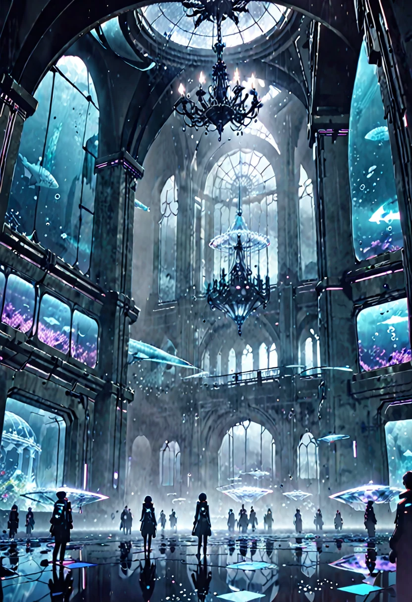 futuristic, huge windows into underwater landscape, cold ambiance, sterile architecture, few people, holograms, dark, futuristic chandelier