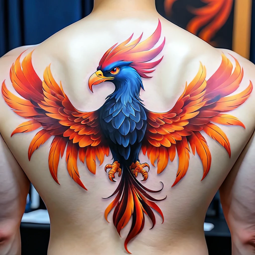 a highly detailed back tattoo of a phoenix, intricate wing details, vibrant red and orange feathers, realistic shading and texturing, dark shadows, dynamic poses, hyper-realistic, photorealistic, 8k, best quality, masterpiece