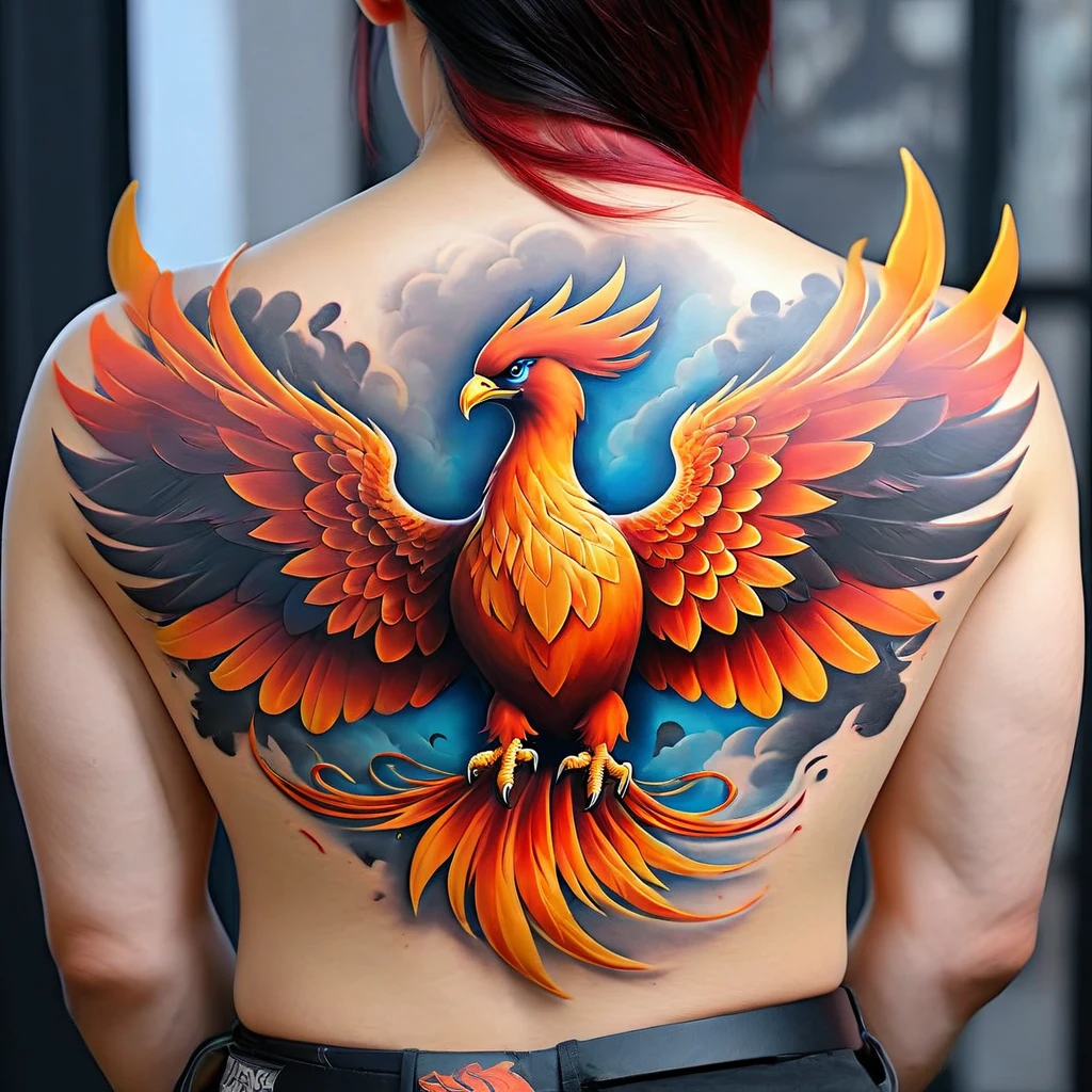 a highly detailed back tattoo of a phoenix, intricate wing details, vibrant red and orange feathers, realistic shading and texturing, dark shadows, dynamic poses, hyper-realistic, photorealistic, 8k, best quality, masterpiece