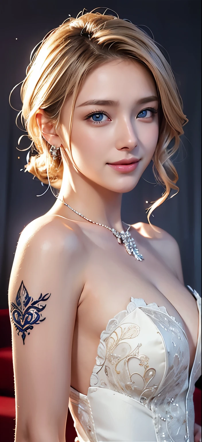 bride、wedding、Luxurious red dress、Slightly Dressed、Formal wear、night景、illumination、blue eyes、blonde、short hair、Hair tied up、Full body photo、Sexy Face、short hair、 A look of complete lust、(((masterpiece)))、((highest quality))、((超Realistic))、成熟したwoman、成熟したwoman、perspective、Very detailed、The perfect temptation、Best image quality、Fine-grained image quality、beautiful、European, woman, French, woman Italian, Italian, smile、blue eyes、jewelry, blue eyes, Realistic, High resolution, Glowing Skin, (Detailed face),tattoo, jewelry, , night, blonde, Wavy Hair,attractive appearance, smile, 