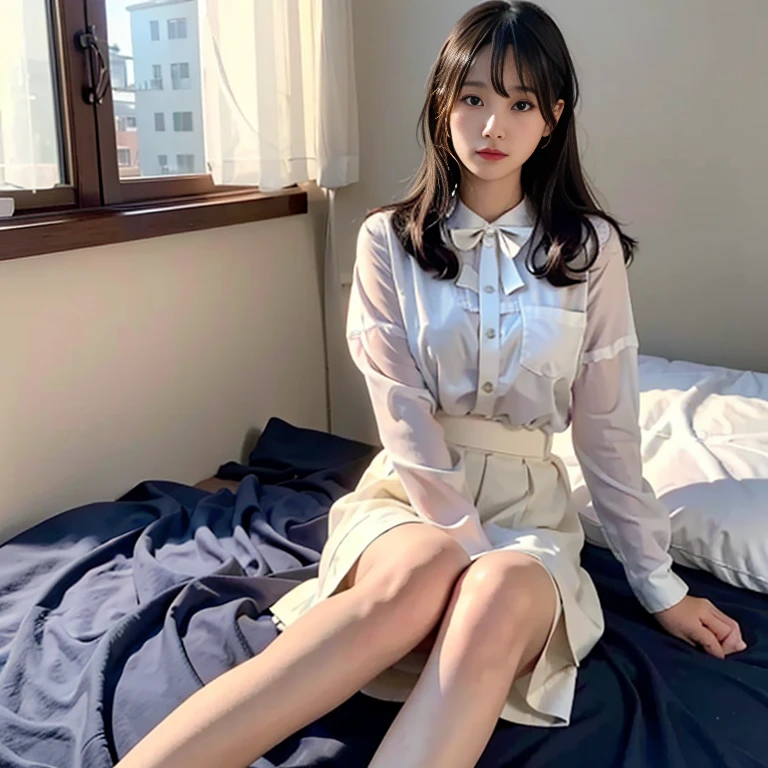 a beautiful detailed 18 year old japanese woman with dark brown eyes,fine detailed face and eyes,feeling a little shy but optimistic,medium to large round breasts,wearing a white translucent blouse,navy blue skirt,silk white ankle socks,lying down on a bed in a dimly lit room,the edges of her clothes are a bit worn out,the entire character is in the middle of the screen,with realistic lighting,backlight,face lights,ray tracing,8k quality,photoreal,hyperrealistic,smooth lighting,improved cinematic lighting,32k,bright light,quality improvement,top quality realistic texture skin
