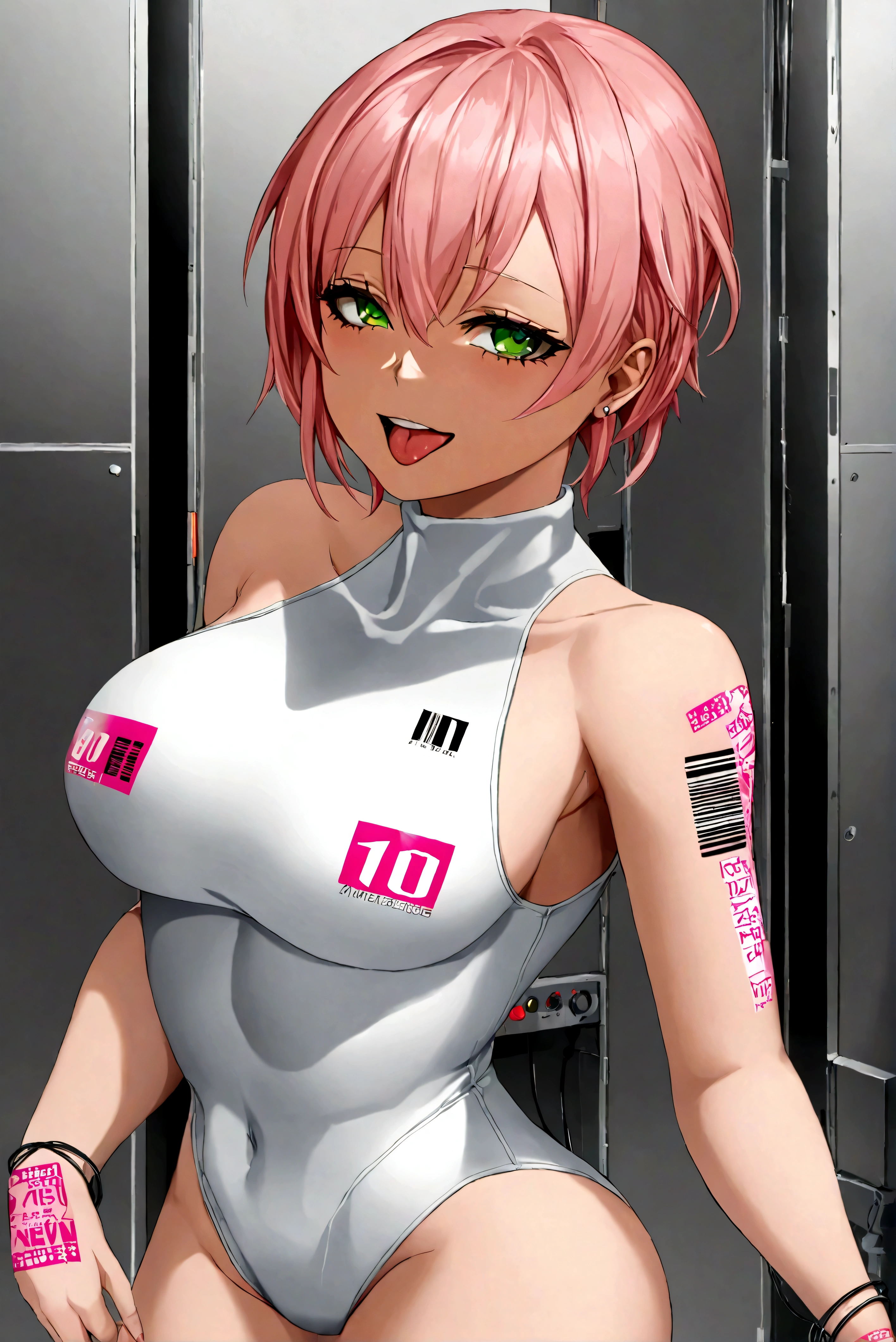 girl in white athletic swimsuit with short pink hair tied up, pezones chiquitos, posando de frente con una mirada tentadora sonriendo , blue eyes and barcode tattoos, It is inside a cybernetic futuristic laboratory, the girl has small android parts made of plastic steel and glass, grandes senos, se le ve la silueta de los pezones, tiene una mirada hacia arriba, esta posando de una manera provocadora de perfil mostrando el trasero, en el laboratorio se ven herramientas cables, cyber punk, cuerpo completo, High Definition, muchos detalles, no se le ven las manos 