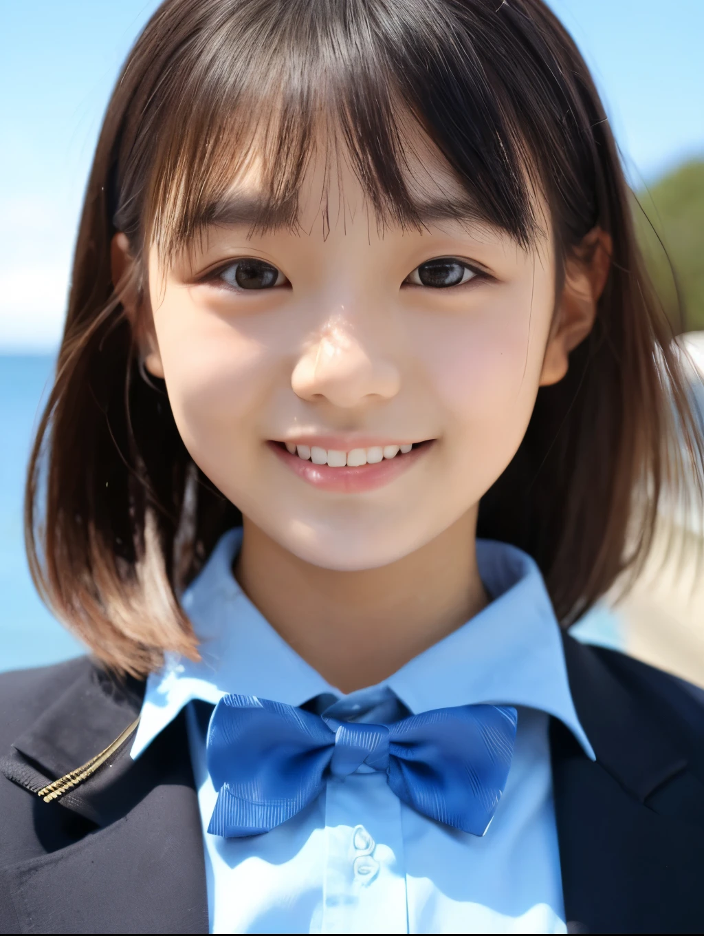 (1 girl, Solo, Japanese girl), ,Best Quality, masutepiece, 8K, High resolution, Ultra-detailed, (portrait), looking back, black hair, short hair, hair clip, shiny skin, flat chest, smile, junior high student, un white collared shirt, bowtie, summer, blue sky, thunder head, ocean,