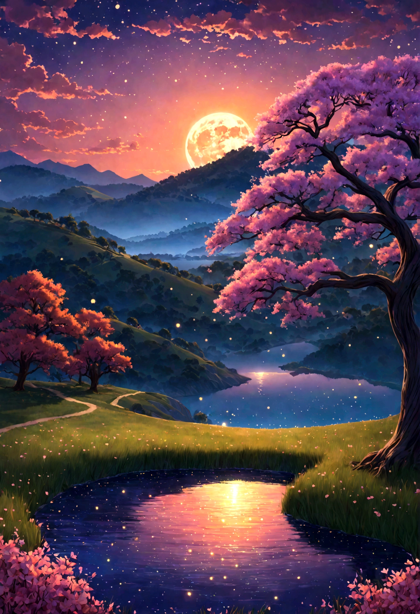 A captivating 3D rendering of a mystical cherry tree dominating a twilight meadow. The tree is adorned with transitions from deep red to soft pink, radiant orange and bluish purple, echoing the stunning colors of the sunset sky. The tree emits a magical glow, with shimmering finishes that seem to contain an inner light. Surrounding the tree is a serene cliff bathed in twilight, with rolling hills and a blue lake reflecting the vibrant sky. Fireflies gracefully dance around the tree, adding to the enchanting atmosphere. The moon reflecting on the tree and the lake. This delicate balance of light and dark creates a mesmerizing scene, evoking the beauty and mystery of a dark fantasy landscape.
