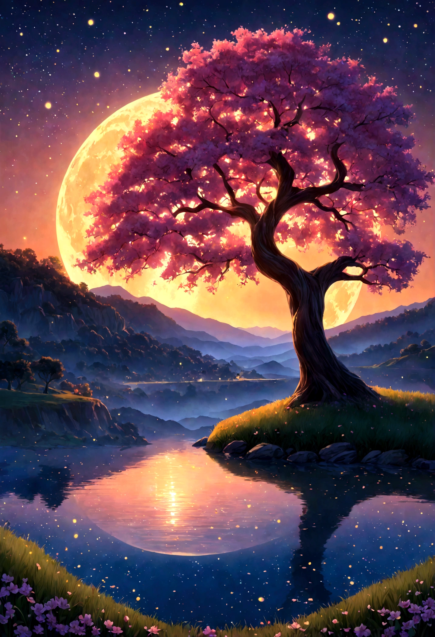 A captivating 3D rendering of a mystical cherry tree dominating a twilight meadow. The tree is adorned with transitions from deep red to soft pink, radiant orange and bluish purple, echoing the stunning colors of the sunset sky. The tree emits a magical glow, with shimmering finishes that seem to contain an inner light. Surrounding the tree is a serene cliff bathed in twilight, with rolling hills and a blue lake reflecting the vibrant sky. Fireflies gracefully dance around the tree, adding to the enchanting atmosphere. The moon reflecting on the tree and the lake. This delicate balance of light and dark creates a mesmerizing scene, evoking the beauty and mystery of a dark fantasy landscape.