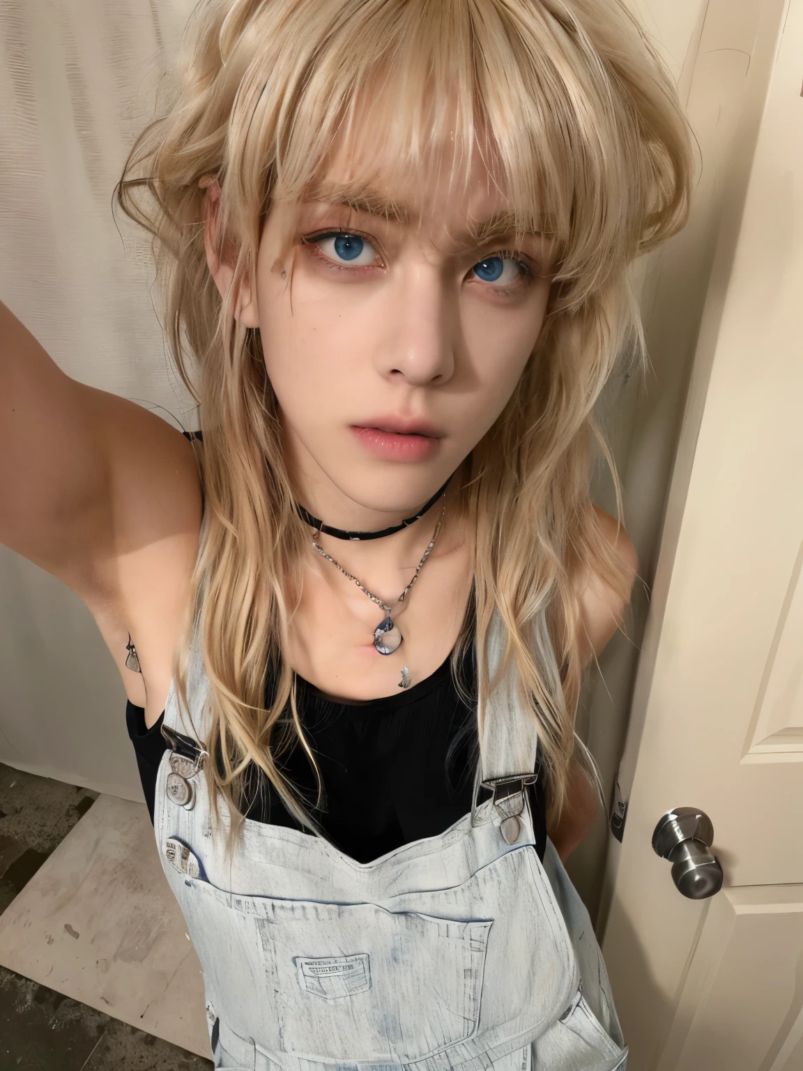 blond haired men with blue eyes and a black top posing for a picture, with black sclera eyes, taken in the early 2020s, wearing dirty overalls, bleached, blonde hair and large eyes, messy bangs, white bangs, he looks like a mix of grimes, scary look, 1 7 - year - old goth boy