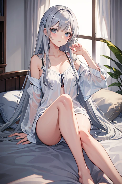 masterpiece, highest quality, High resolution，Follow the prompts、Anime Style、Silver Hair、Long Hair、Nightwear