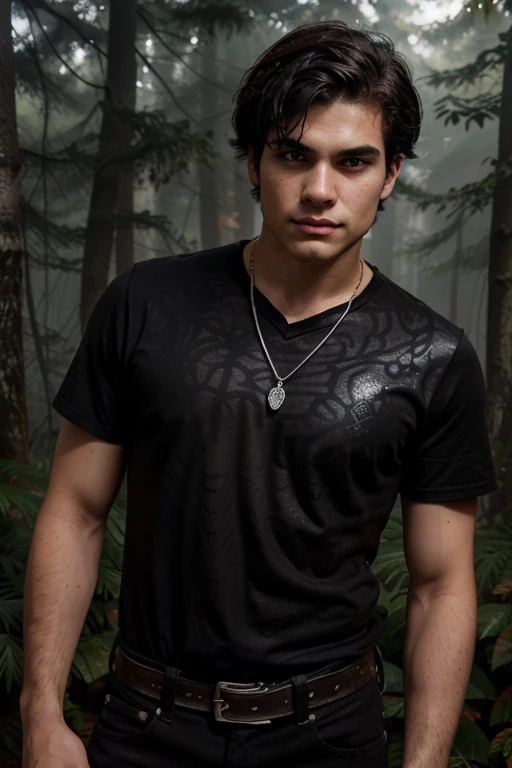 Steven Krueger, Ben Coogan, Teen Wolf, 20 years old, short messy black hair, light brown eyes, black shirt with short sleeves, black jeans, black belt, silver heart pendant, white claw print Forest background with fog around in black color.