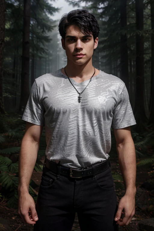 Steven Krueger, Ben Coogan, Teen Wolf, 20 years old, short messy black hair, light brown eyes, black shirt with short sleeves, black jeans, black belt, silver heart pendant, white claw print Forest background with fog around in black color.