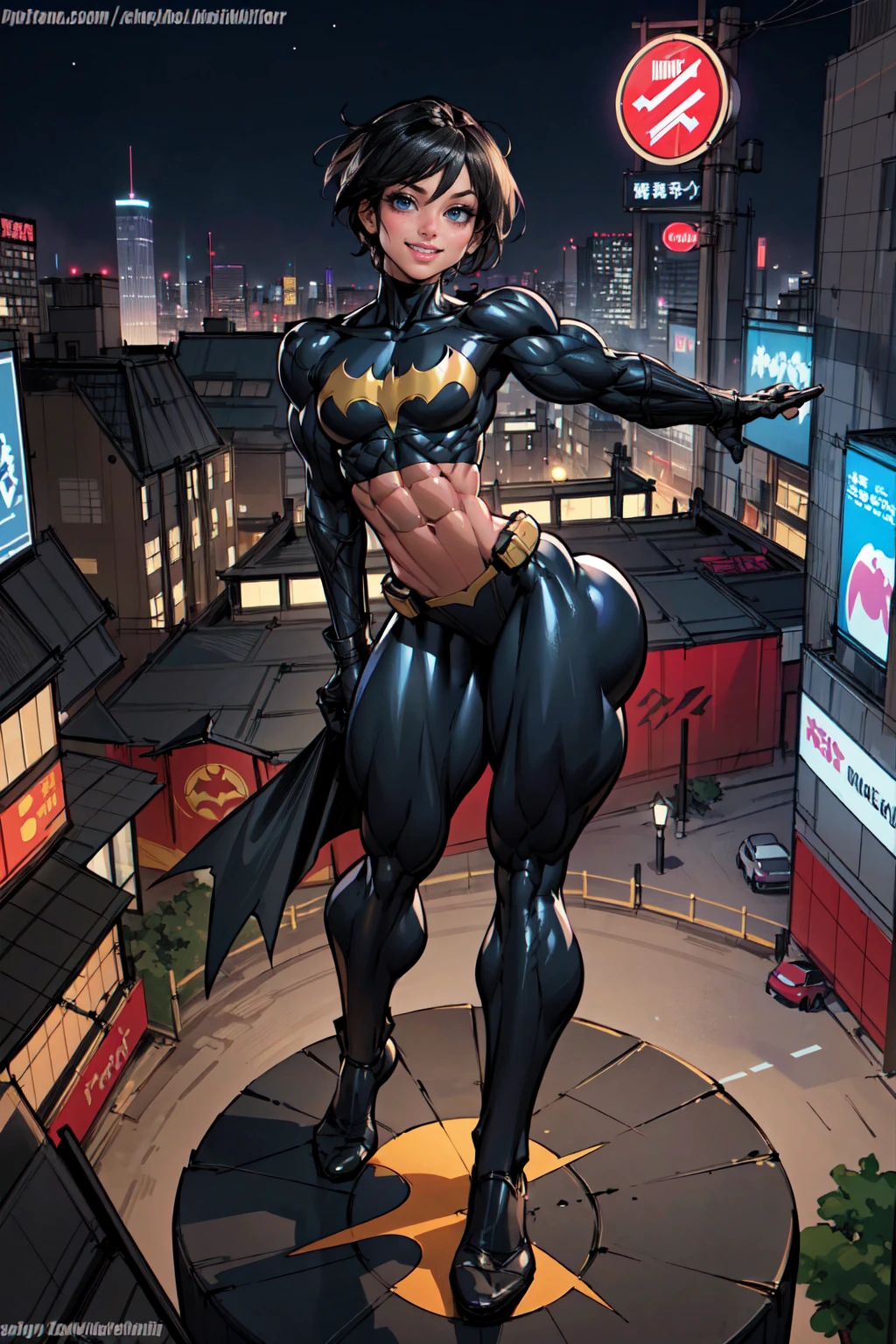 (masterpiece, best quality),1girl, solo, cassandra cain, batgirl suit, black hair, brown eyes, smile,
akihabara city, of the dead,  night,  from above, STANDING rooftop, neon sign, game center,(masterpiece:1.2), (best quality:1.2), perfect eyes, perfect face, volumetric lighting, abs, (muscular, wide hips, thick thighs, small breasts:1.5),