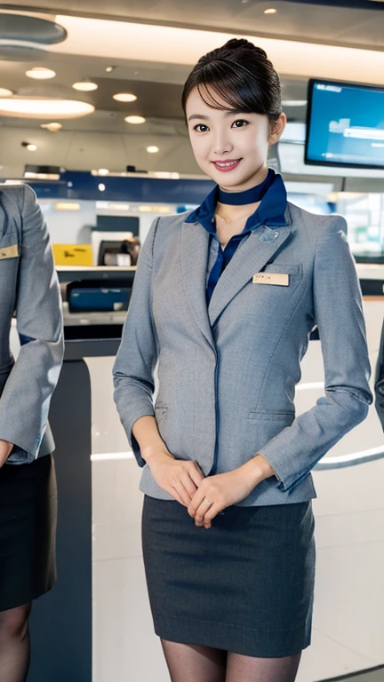 looking at viewer, Japanese female,Age: 20 age_old, light brown hair, chignon , mole under , fringe, little smile, (middle breasts, slender whist, middle hip ,beautiful pussy, beautiful anal, public hair) standing , Navy blue Flight attendant uniform, Navy blue,  long pencil skirt , blue scarf ,black stocking, black heals, 1 bag, lady's watch,  on airport , UHD, accurate, anatomically correct, textured skin, super detail, high details, high quality, best quality, 4K