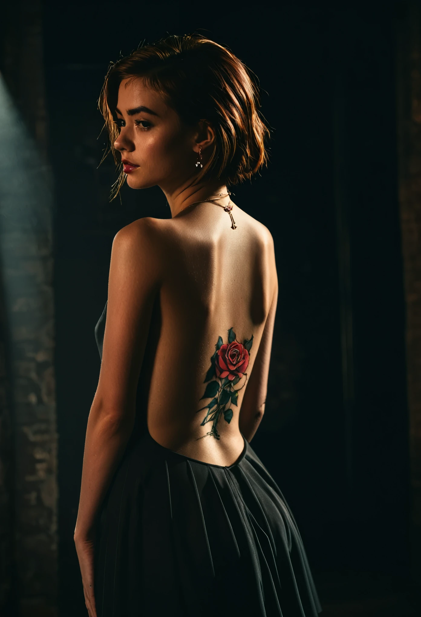 a girl in a dark room, detailed rose tattoo on her back, backless dress, closeup, dramatic lighting, moody atmosphere, cinematic composition, muted colors