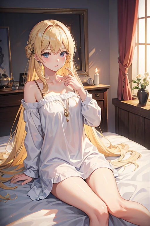 masterpiece, highest quality, High resolution，Follow the prompts、Anime Style、Blonde、Long Hair、Revealing nightwear