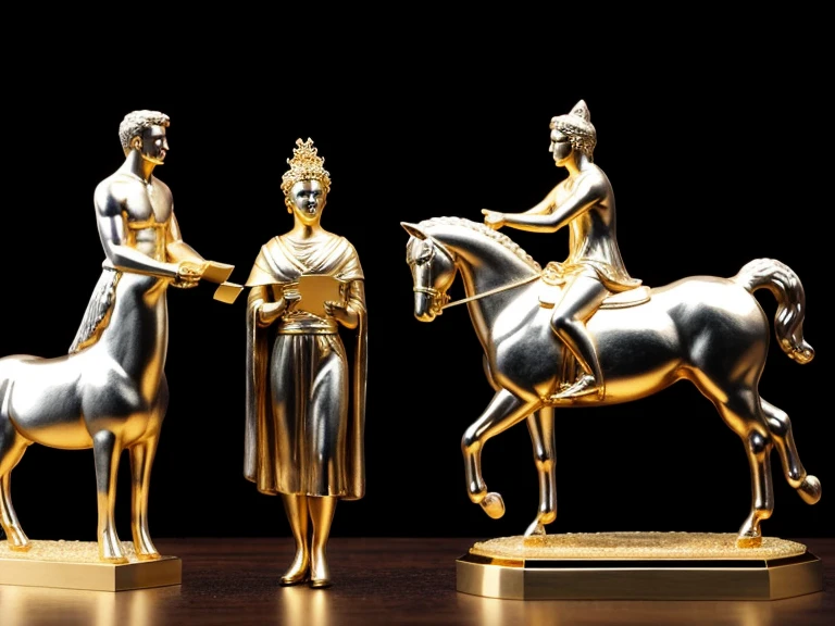 I want a sculpture of stoic philosophers with a black and white background. The picture should focus on the philosphers holding money or in a meeting and showing wealth. It should be a full-body sculpture with walls or buildings in the back ground. Hyper realistic wearing the gold chain glasses several gold coin scattered on the floor Best for creating fairy horse style and sharp lines.