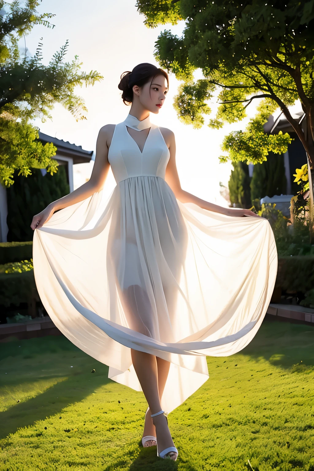 (masterpiece, best quality:1.2), 1girl, solo, delicate face, white-skinned female, see-through silhouette, white dress, full body, outdoor,in garden