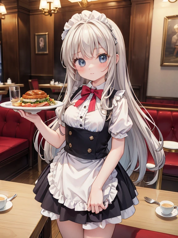 masterpiece, highest quality, Very detailed, 16k, Ultra-high resolution, Cowboy Shot, Detailed face, Perfect Fingers, 18-year-old female,  Silver Hair, Long Hair, Inside the restaurant, Waitress costumes, table, Chair, Carry dishes, nyaruko