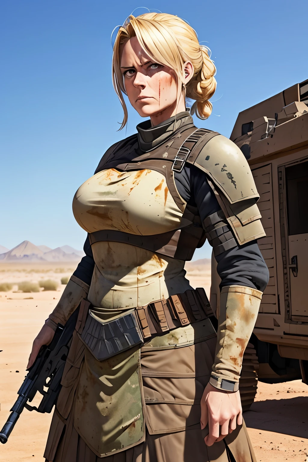 A tall 42 year old woman who is still in fantastic shape wearing an armored skirt who carriies a gun, in the back ground there is a desert town in war she’s focused and her blonde hair is dirty her face has blood on it and the conflict is intense